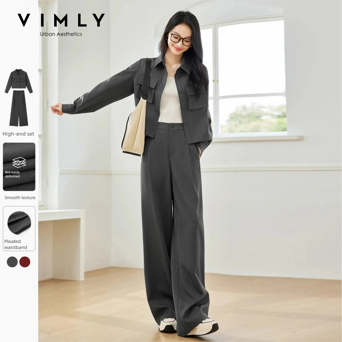 VIMLY Dark Grey Two-piece Set Women 2026 Fall Elegant Fashion Long Sleeve Jacket Casual Long Pants Matching Outfit Female M8198