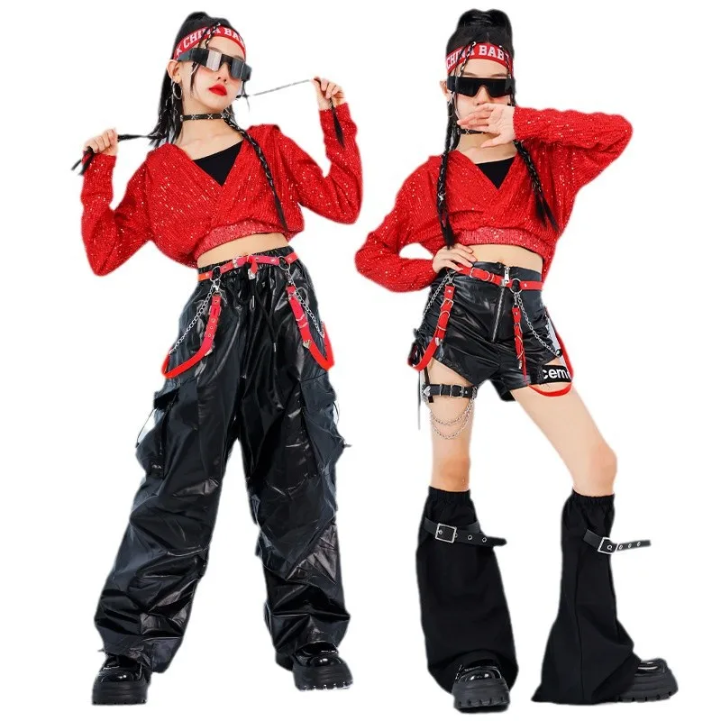 

Girls Sequin Crop Hoodies Street Dance Cargo Pants Kids Hip Hop Skirts Jazz Shorts Clothes Sets Child Streetwear K-pop Costumes