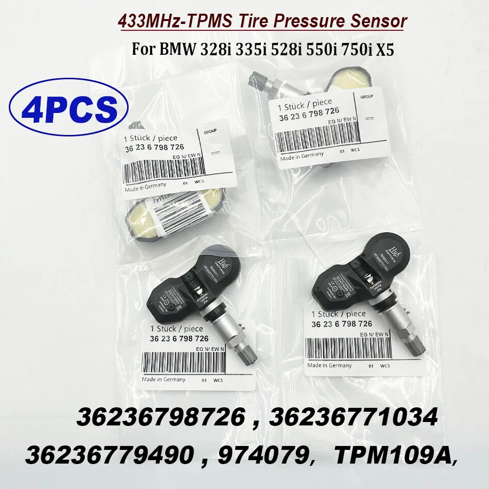 4PCS 36236798726 TPM109A 974079 TPMS 433MHz Tire Pressure Monitor Sensor 36236779490 36236771034 For B-MW 335i 528i 550i 750i X5