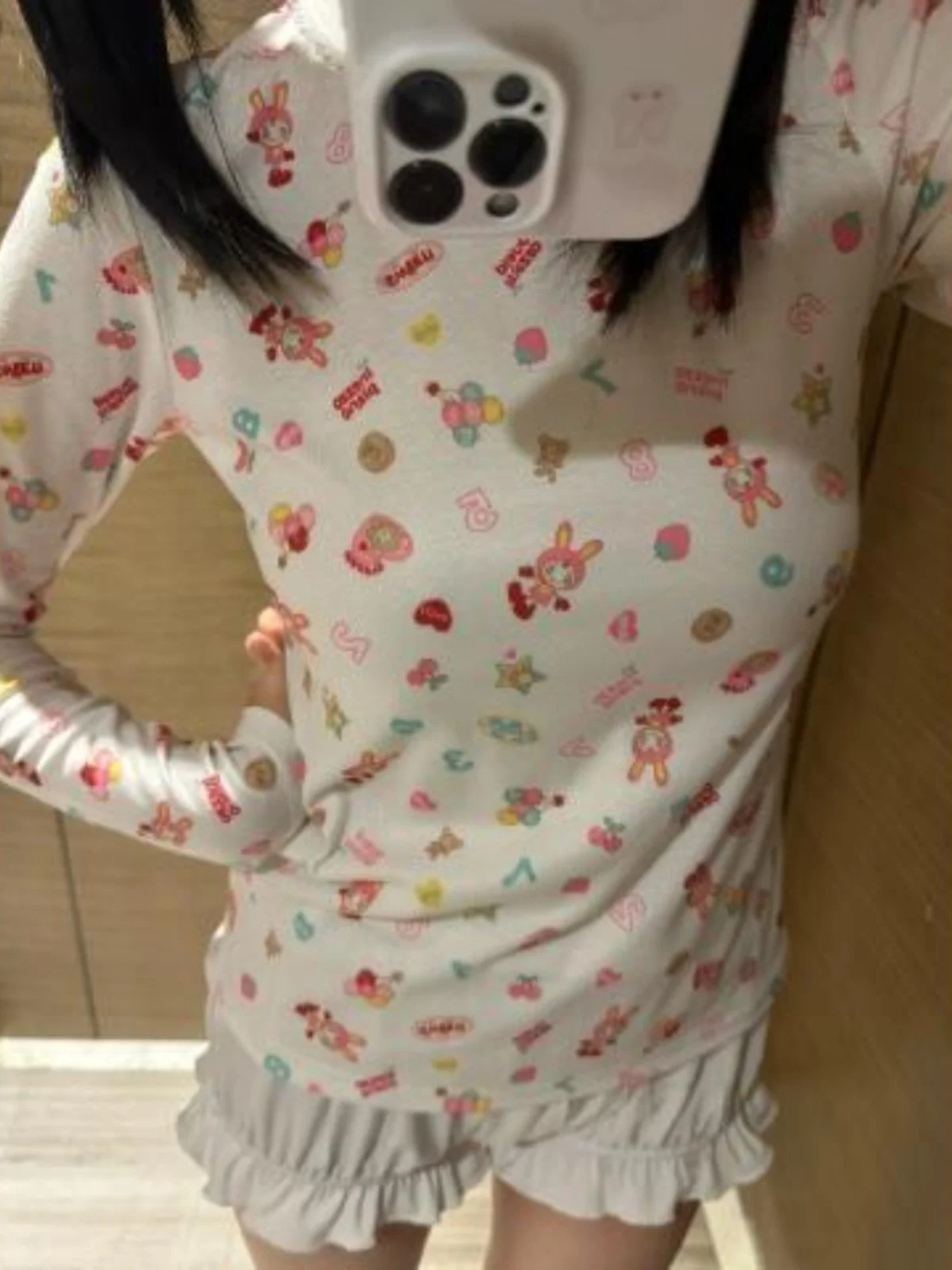 

Japanese Sle Sweet Print T-irt Lace Trim Long Sve Patchwork ort Long Sve Dert Daughter Clothes