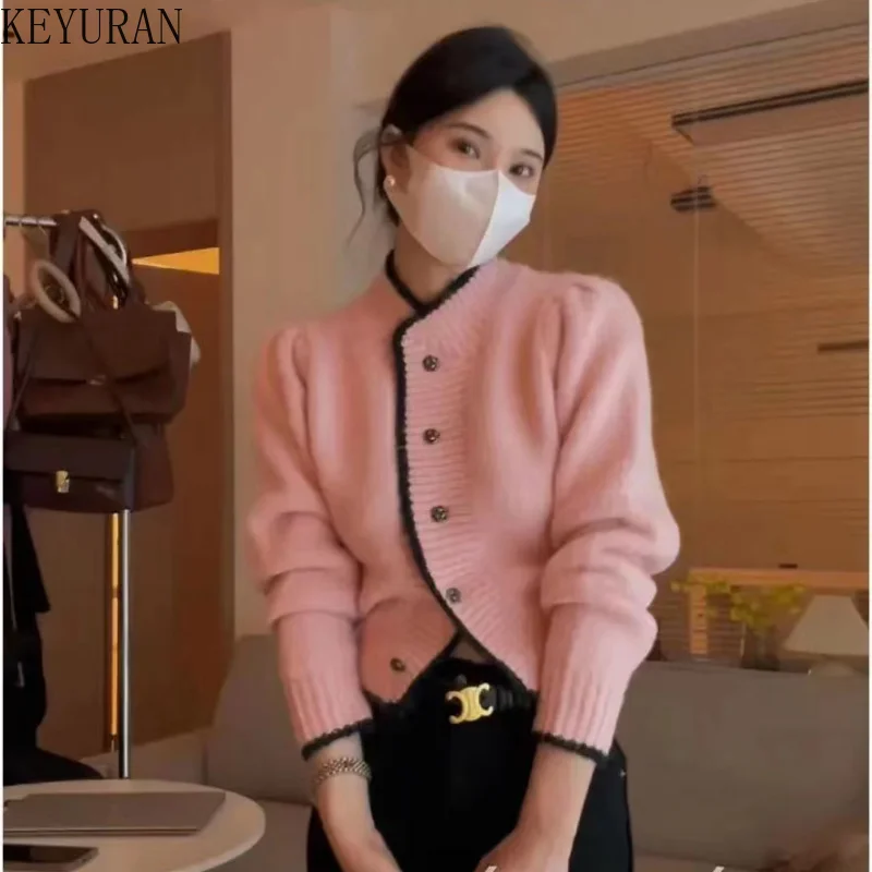 Pink Stand Collar Knitted Cardigan Sweater Women Spring Autumn New Korean Chic Single Breasted Puff Sleeve Short Coat Girls Tops