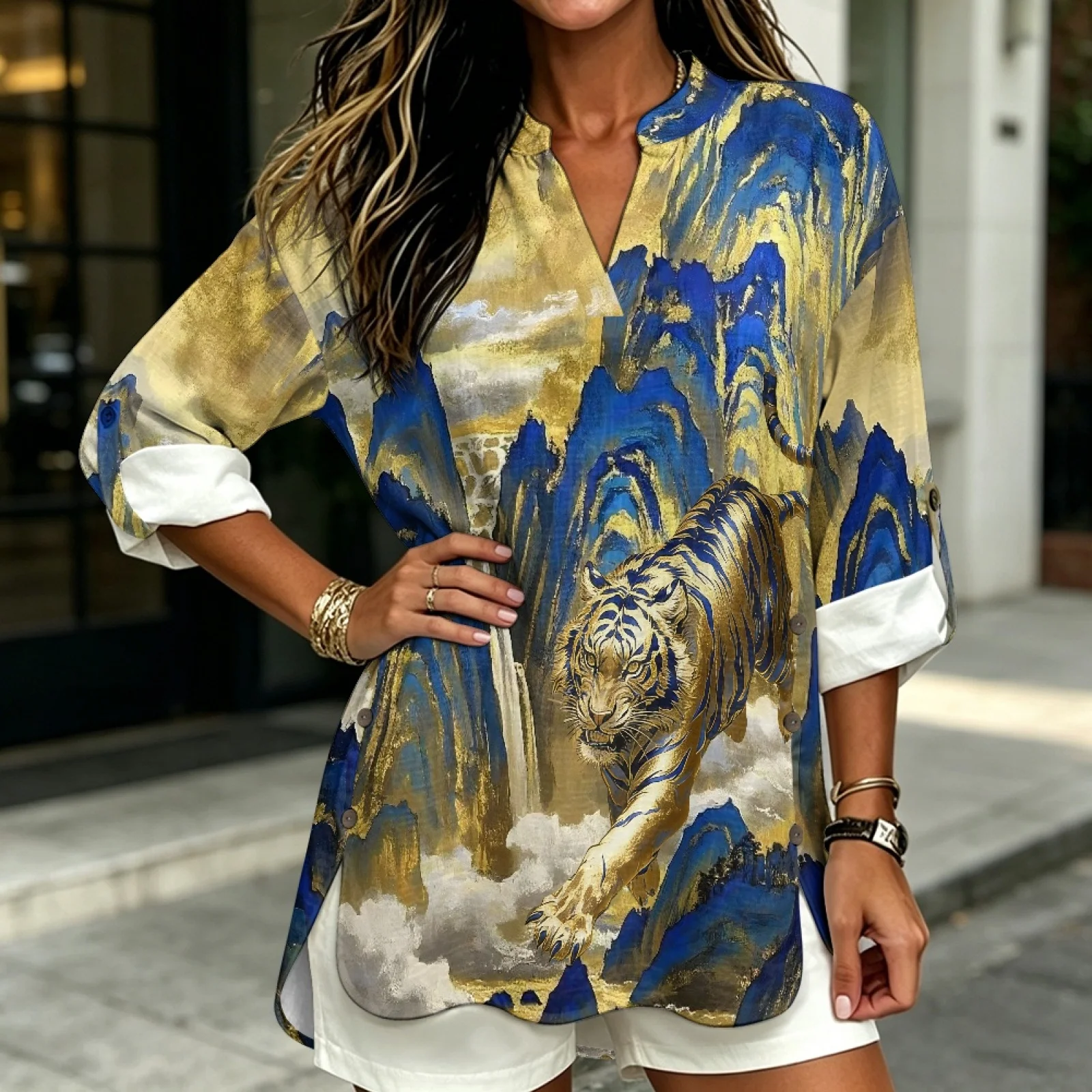 PENSTROLL Gold Blue Tiger Abstract Print Lightweight Women Loose Fit Tops for Womens Linen Like Women's Shirts V Neck Tops