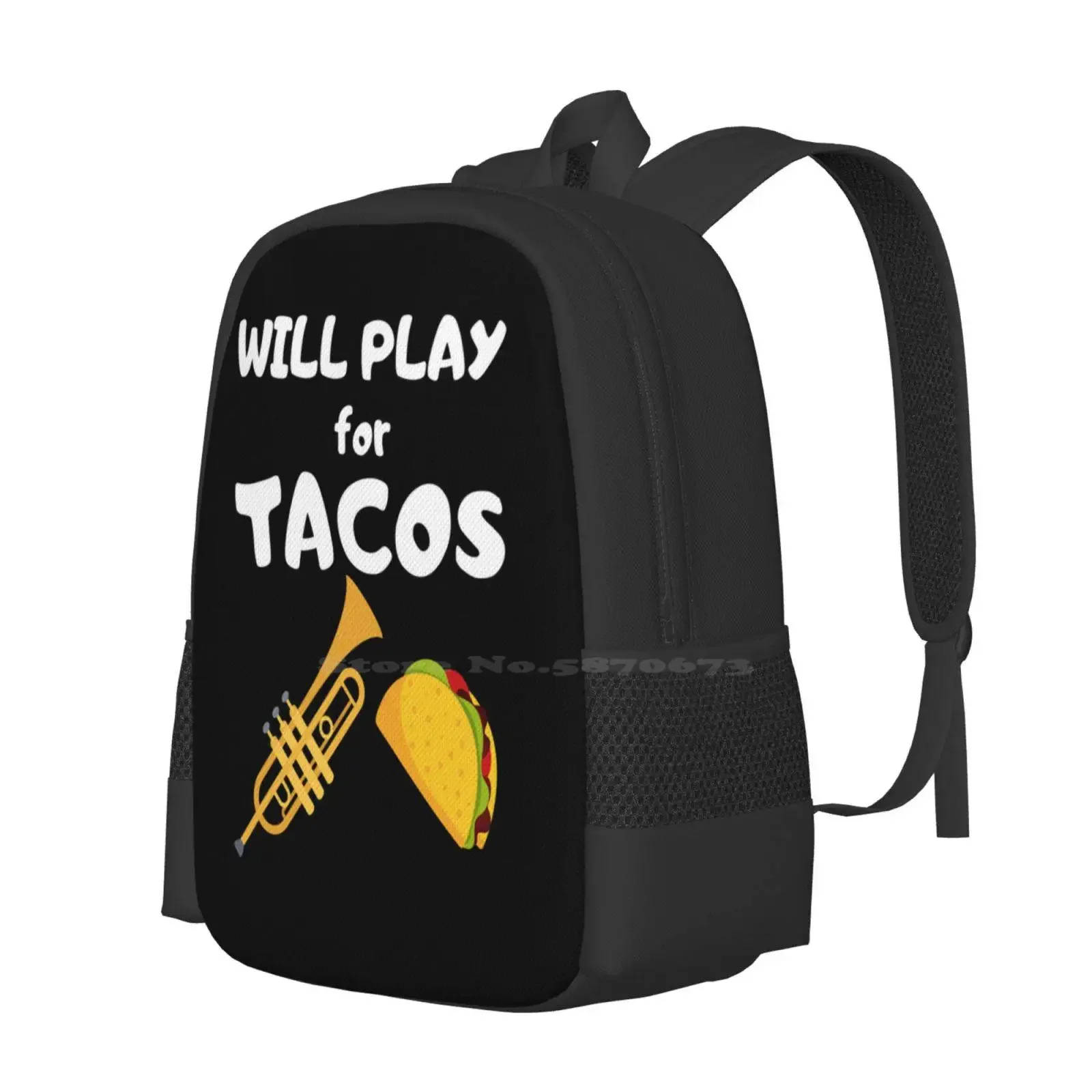 Trumpet Will Play For Tacos Hot Sale Schoolbag Backpack Fashion BagsPlayer ChristmasHobby Trumpet Lover