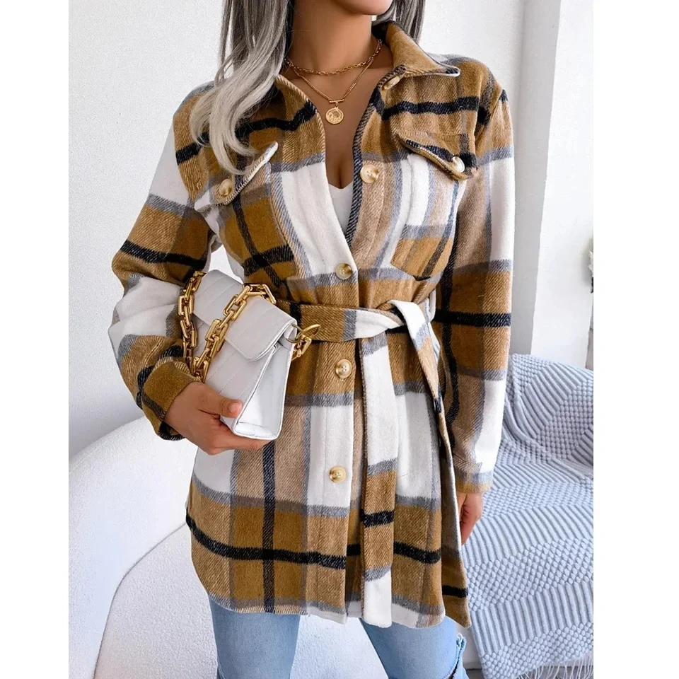 

Plaid Woolen Women Autumn Winter Casual s Long Sleeve Belt Single-breasted