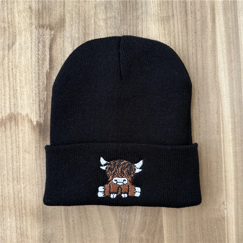 Unisex-Mütze mit Highland-Kuh-Stickerei, weiche warme Strickmütze für den Herbst und Winter – Detail 7
