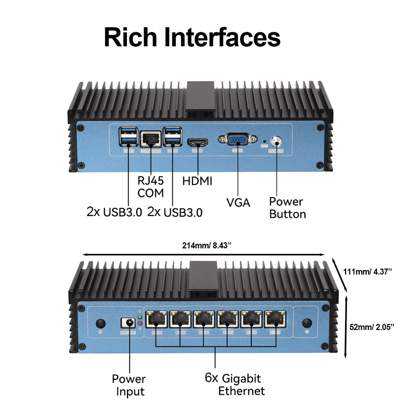 Fanless Mini PC Intel Core i7-6500U i5-6200U i3-6100U 6x Intel i211AT Gigabit Ethernet Support Windows Linux OPNsense Pfsense