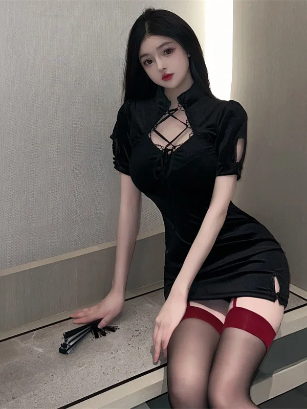 Lingerie velata in rete di pizzo trasparente Cheongsam tentazione uniforme mini abito attillato diviso elegante dolce donna top FGH2