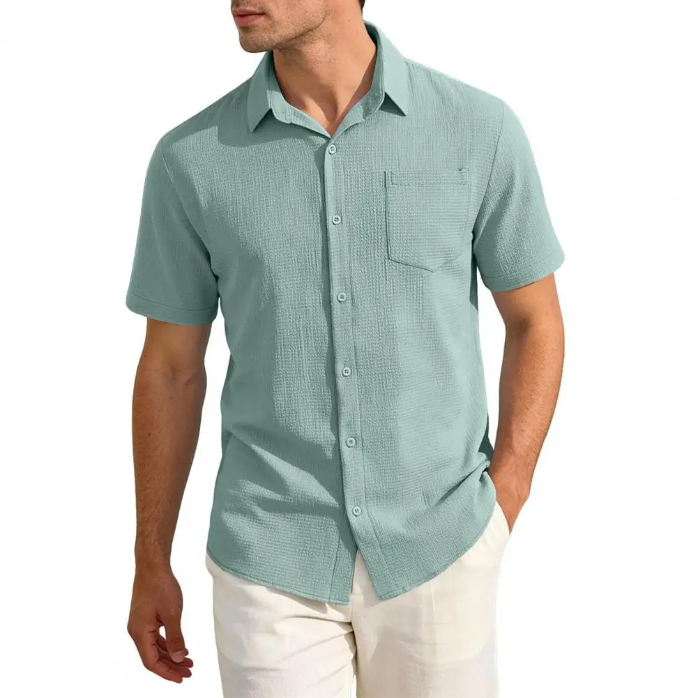 

Men Button-up Summer Shirt Short Sleeve Turndown Collar Textured Shirt Solid Color Loose Holiday Shirt for Parties Vacation Beac
