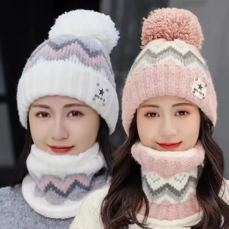2PCS Winter Women Plush Velvet Hats Neck Warmer Hat Scarf Set Beanies Cycling Windproof Hat Outdoor Ear Protection