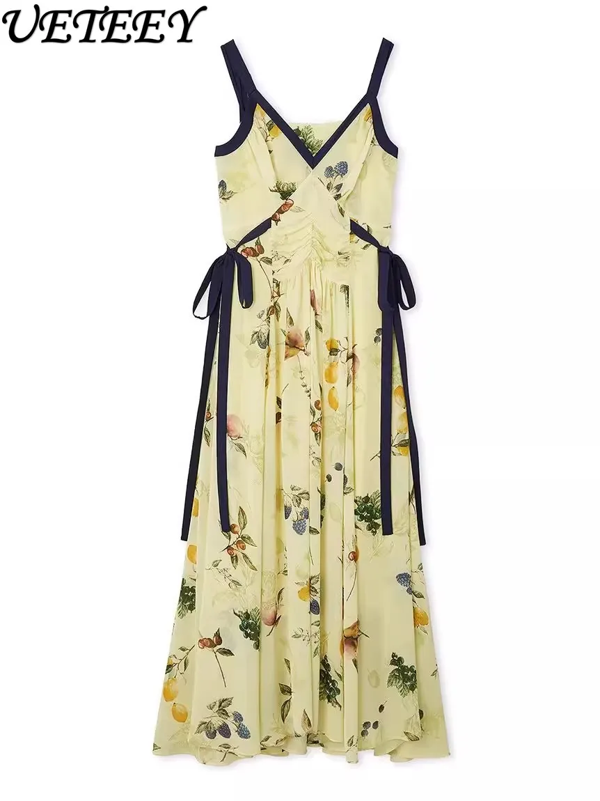 2025 신상 여름 일본 신상 과일 프린트 멜빵 원피스 여성 섹시 슬림 쉬폰 원피스 오피스룩 롱 원피스