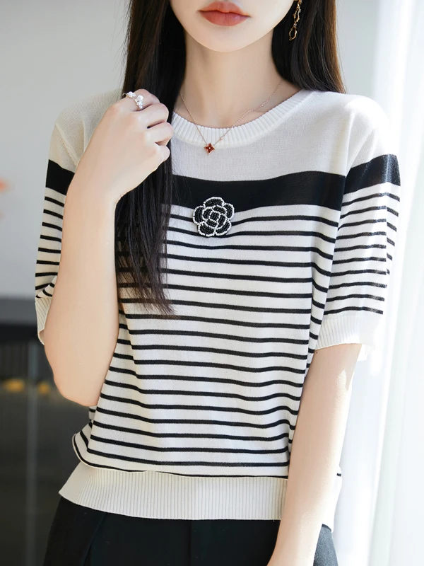 2025 verão listrado camisola de malha t feminino gelo seda flor miçangas moda solta topos malhas manga curta elegante jumpers