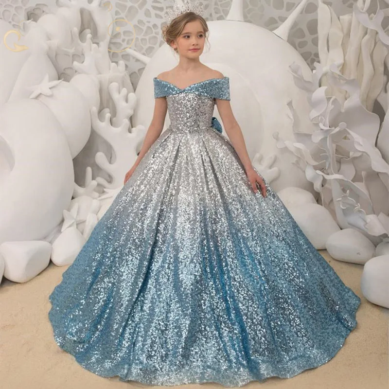 Custom Luxury Dress Wedding Guest Gown Flower Girl Gown Birthday Party Gown Pageant Show Silver Blue Gradient Sequin Off Shoulde