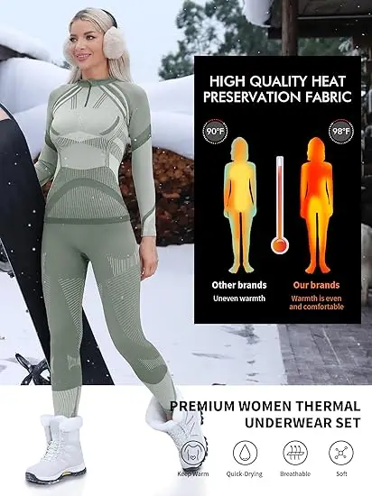 Anfilia Women Ski Thermal Underwear Sets Moisture-wicking Tight Zipper Crew Neck Seamless knitted Base Layer Long Johns For Home - Image 4