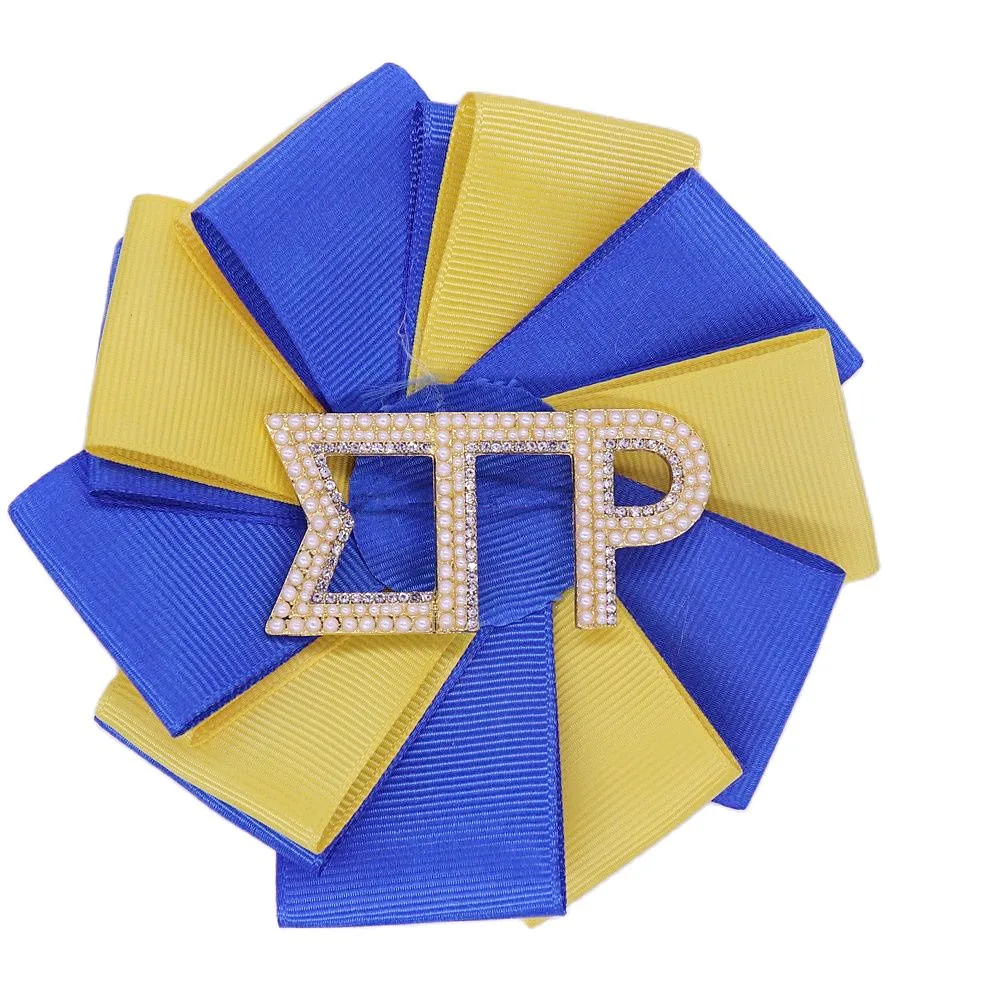 New Made Satin Blue Yellow Ribbon Greek Social Letters Sorority Sigma Gamma Rho Pin SGRHO Corsage Brooch For Women