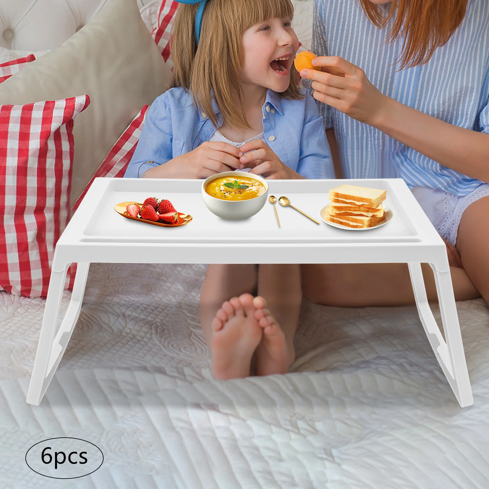 

6-Pack Foldable Lap Desks with Device Slots, White PP Tray Table with Charging Port, Portable Laptop Bed Desk for Home School