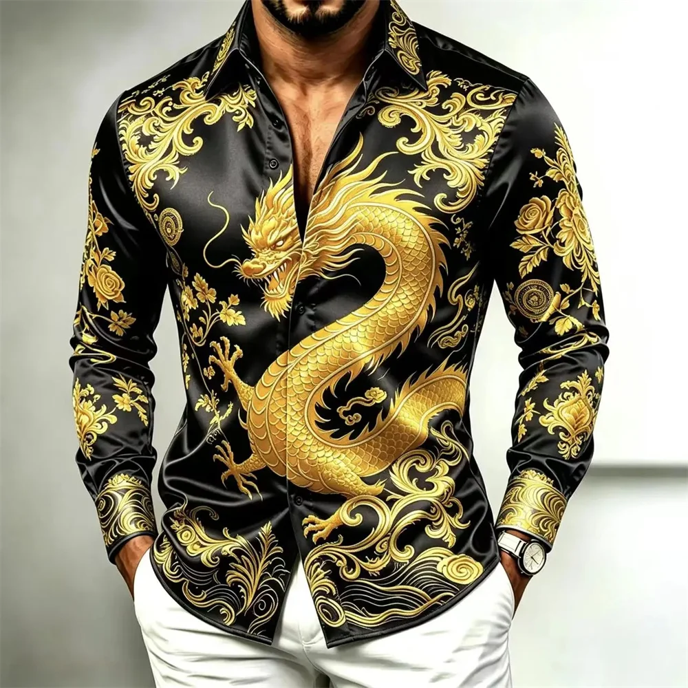 Men's long sleeved shirt, gold Baroque dragon print, satin material, shiny shirt casual style