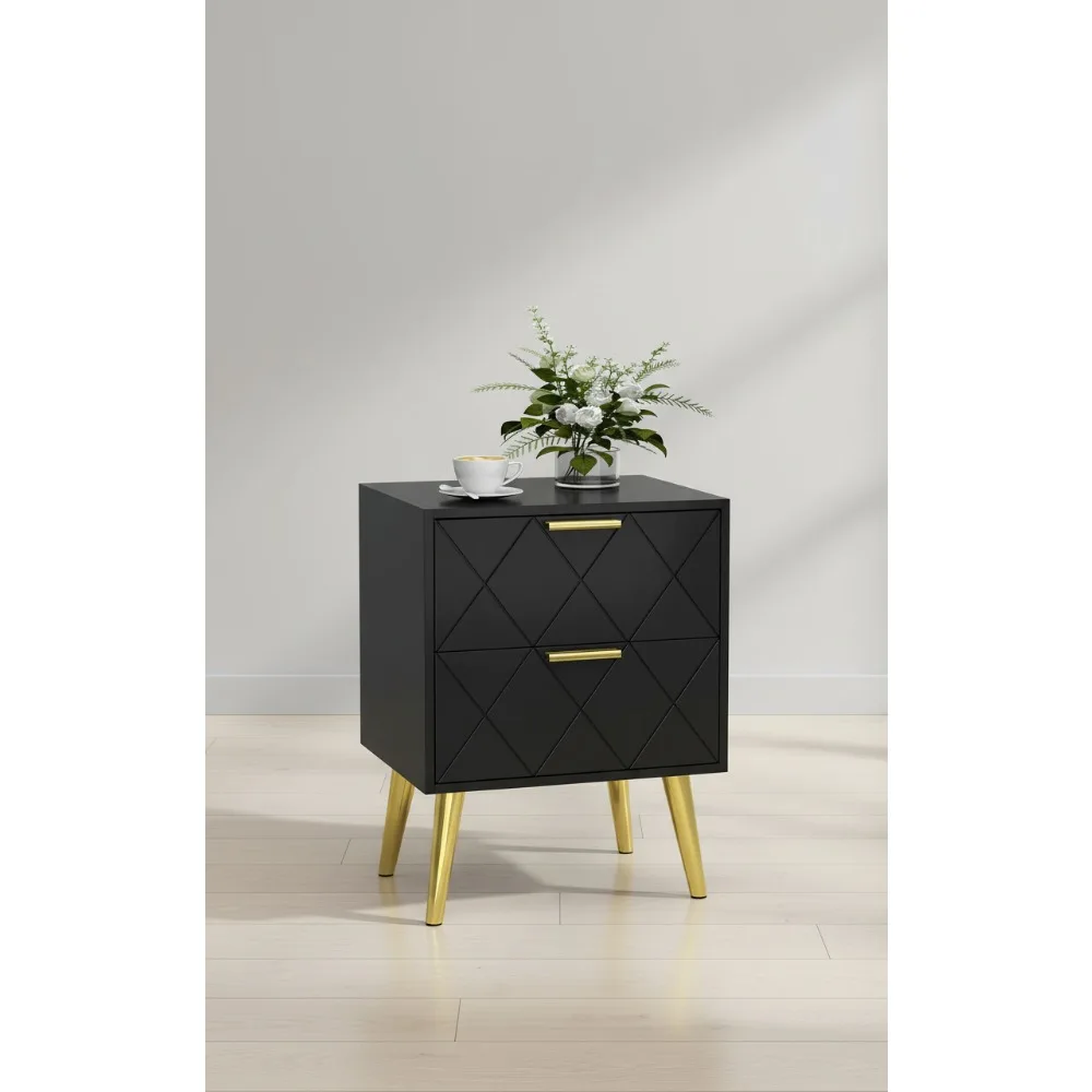 

Modern Black Nightstand with 2 Drawers & Gold Legs, Bedside Table for Living Room Bedroom