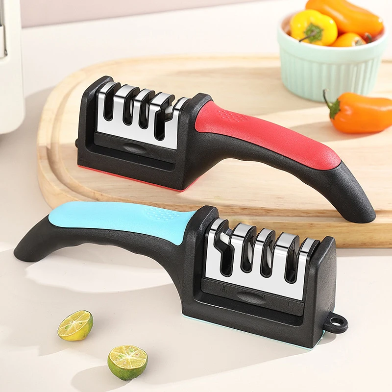 4-in-1 Knife Sharpener Stainless Steel Quick Knife Sharpening Tool Stable Non-Slip Base For Kitchen Knives Grip Rubber Handle