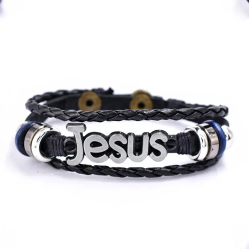 Pulsera de cuentas tejidas de cuero multicapa para hombre, brazalete de Jesús, accesorios religiosos, joyería de Talismán, moda, nuevo