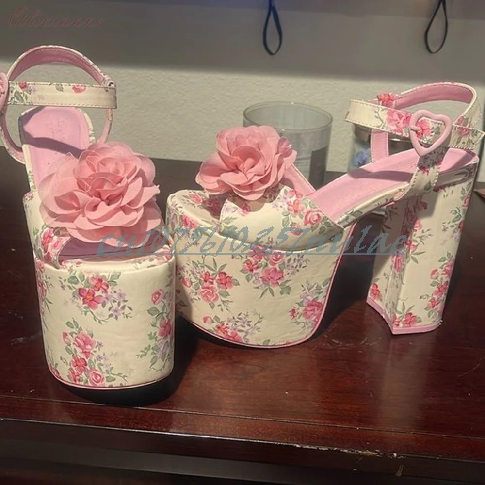 

Pink Sweet Flowers Print Open Toe Sandals Chunky High Heel Platform French Princess Manor Style Shoes 2026 Zapatos Para Mujere