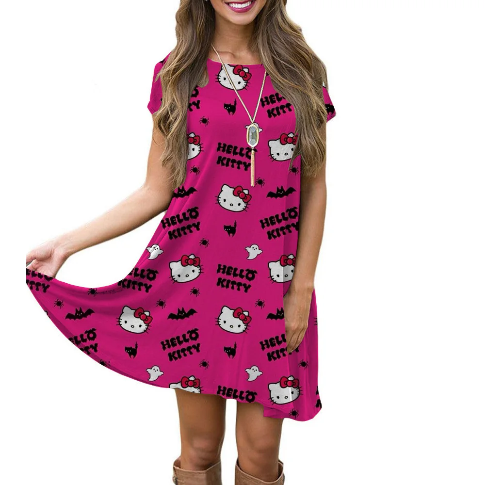 2025 새로운 한국어 스타일 플러스 사이즈 헬로 키티 프린트 티셔츠 여성 여름 루즈핏 배꼽 커버 학생 드레스 ﻿