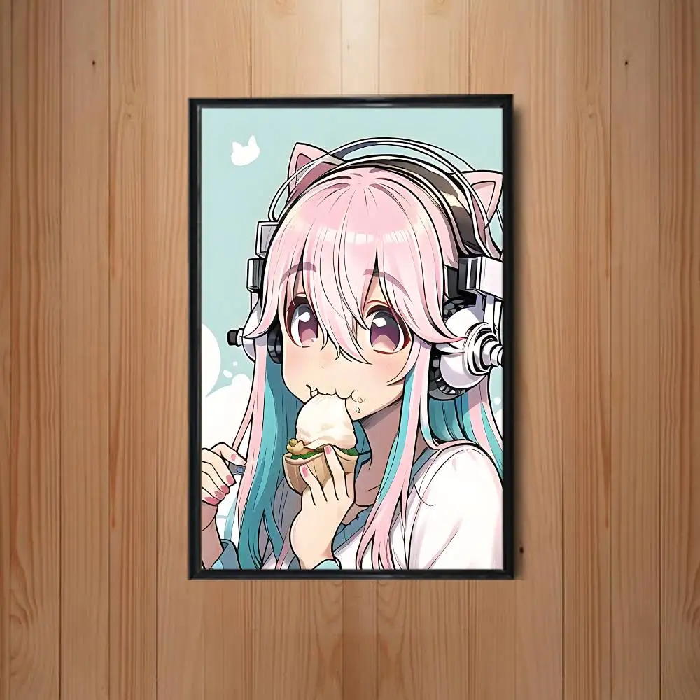 Pink long hair Super Sonico Poster Prints Wall Art Picture Painting Gift Living Room Restaurant Bar Large Dec Sticker