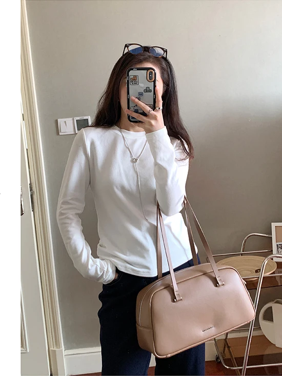 

Новинка: Женская ультратонкая базовая футболка Slim Fit с длинным рукавом и круглым вырезом, однотонная, в корейском стиле, для зимы