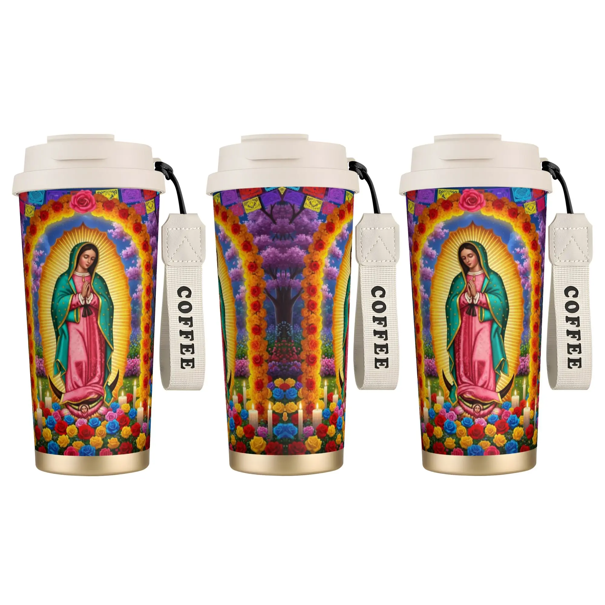 

Термокружка из нержавеющей стали с цветным рисунком Девы Марии, с трубочкой, портативная бутылка для воды и кофе