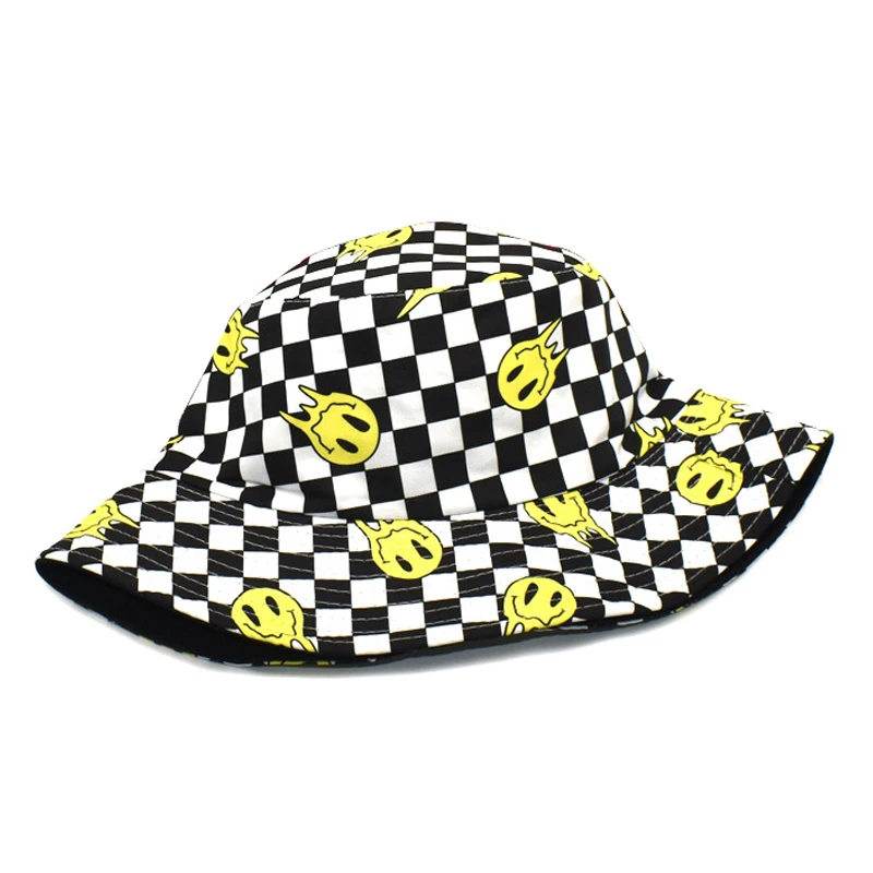 Bocca Smile Face Bucket Hat Plaid Panama Fisherman Hats Women Men Yellow Face Cartoon Bob Cap Hip Hop Foldable Sun Outdoor Caps