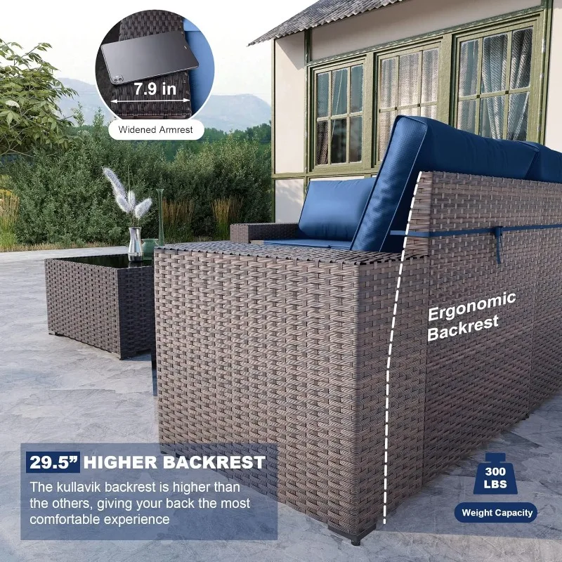 Christmas.home. 6PCS Outdoor Patio Furniture Set PE Wicker Rattan Sectional Sofa Patio Conversation Sets,Navy Blue