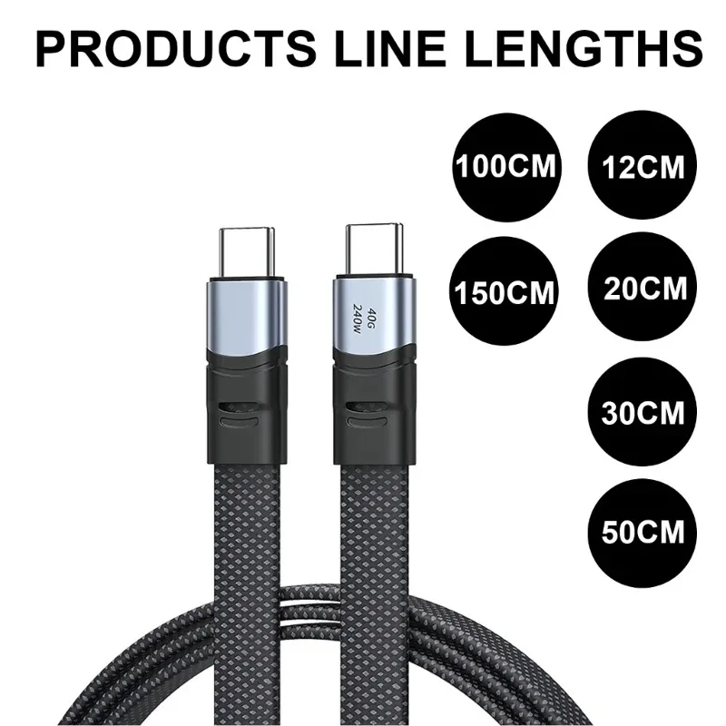 

240W USB C to USB C Charging Cable Flat Nylon Cord Data Sync Charging Cord Efficient Type C Cord Fast For Phone 15 Pad