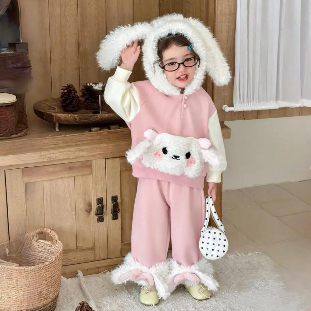 

Sanrio Hello Kitty, одежда для девочек, осенне-зимний детский бархатный утолщенный пушистый свитшот с капюшоном и героями мультфильмов, теплый комплект из 2 предметов для девочек