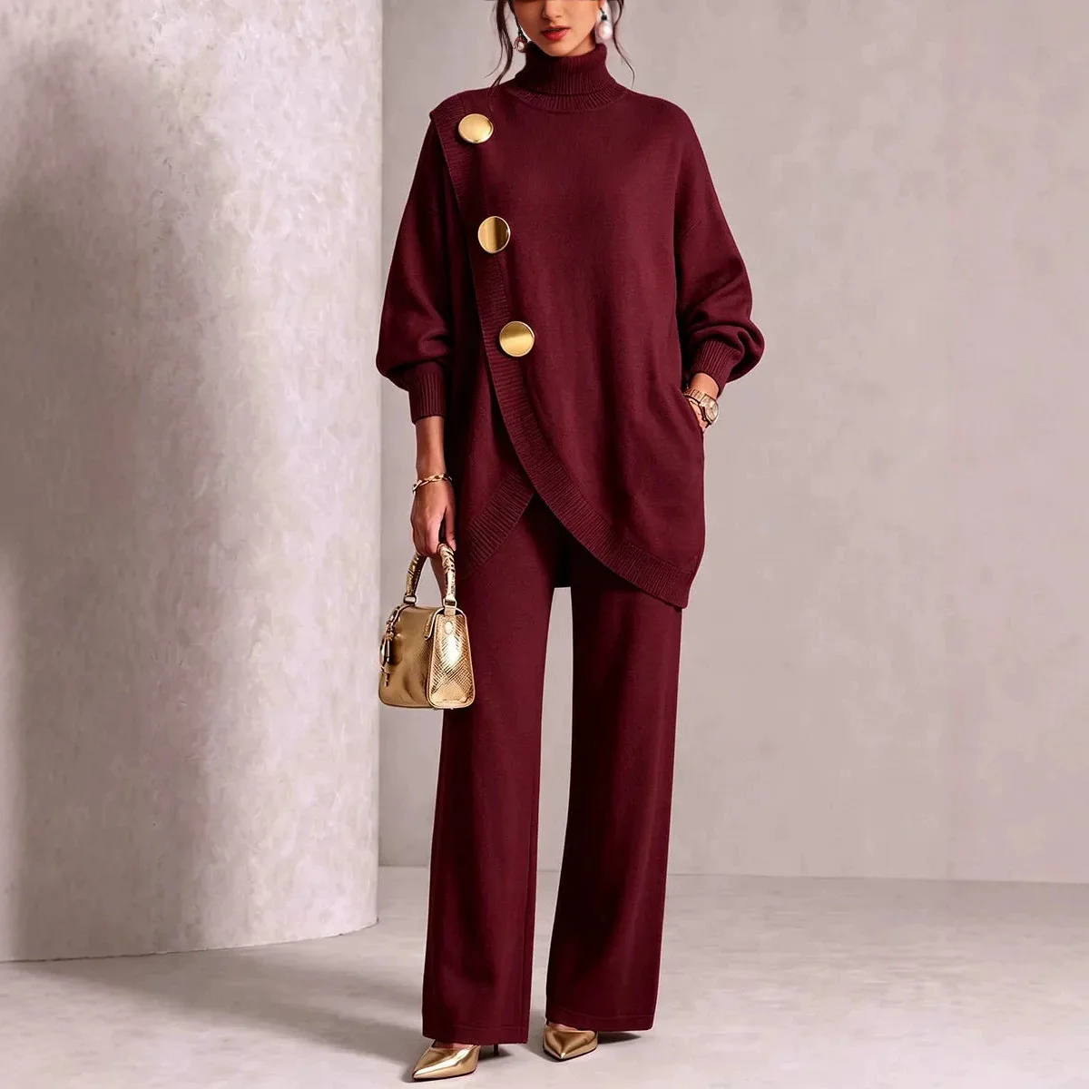 Autumn Winter Metal Button Knitted Two Piece Set Women New High Collar Sweater Wide Leg Long Pant Set Elegant Pullover Suits image 3