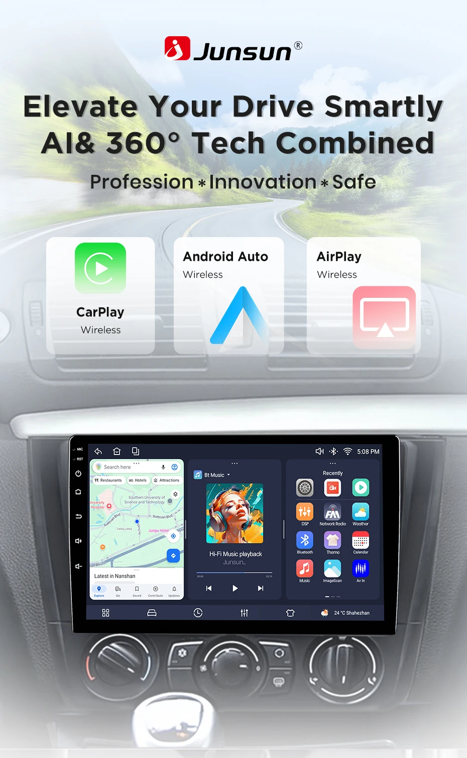 Junsun Kabelloses CarPlay Android Auto Autoradio für BMW 1er-Serie E87 E81 E82 E88 2004-2011 2 DIN Multimedia-Stereoanlage mit Eingebautem Lüfter GPS-Navigation SWC Bluetooth FM RDS DSP IPS-Bildschirm Intelligente Fahrzeugnavigation – Detail 7