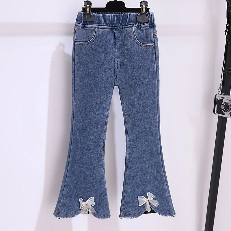 Girls pants spring and autumn trousers new foreign style fashionable bow jeans medium and large children pants girl jeans