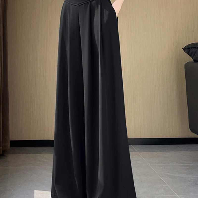 Summer High Waist Solid Color Loose Women Suit Pants New Basic Full Length Straight Fashion Apricot Black Female Wide Leg A997