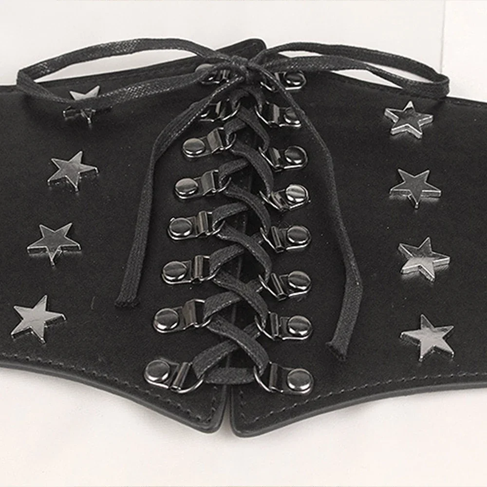 حزام خصر عريض عتيق من الجلد برشام نجوم للنساء ، حزام خصر عتيق ، مشد تنحيف ، جينز القرون الوسطى ، زخرفة فستان ، موضة