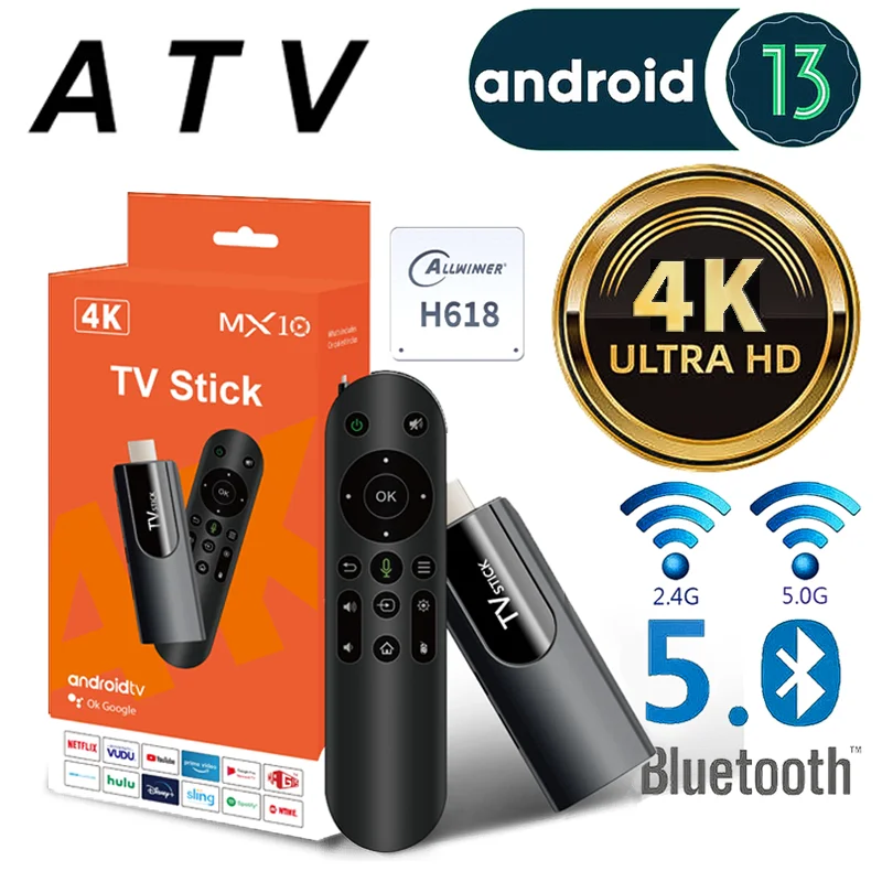 ATV 4K MX10 미니 TV 스틱 스마트 미디어 플레이어 H618 안드로이드 13 쿼드 코어 HD 2G 16G TV 박스 2.4G 5G 듀얼 와이파이 TV 수신기