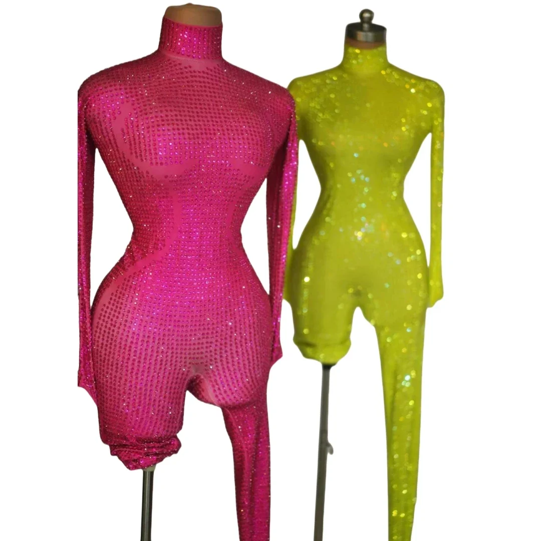 Hot Drilling Process Full Rhinestone Stretch Jumpsuits For Women Yellow Silver Body Suits Drag Queen Costume Pole Dance Outfits