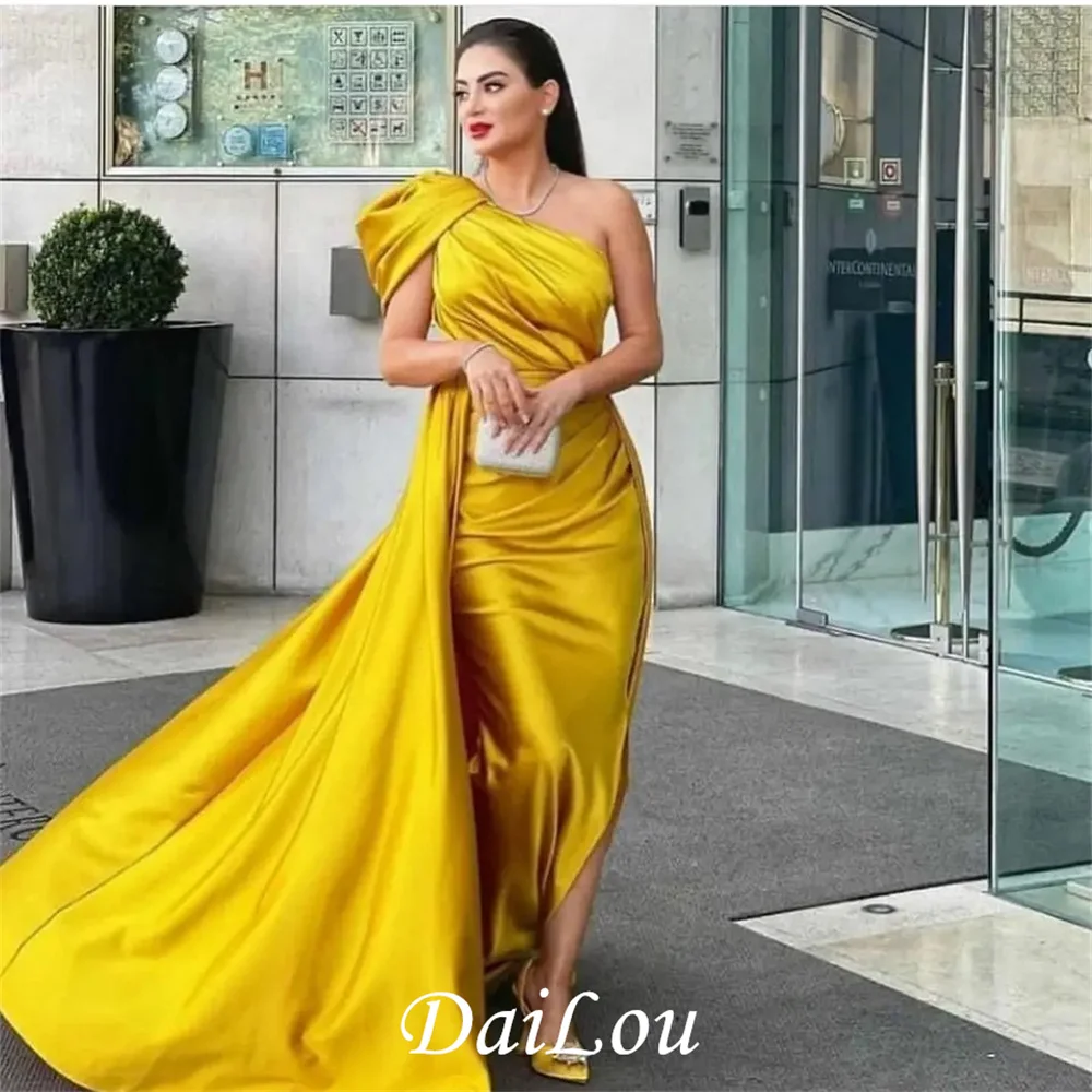 

Classic Long One Shoulder Yellow Evening Dresses With Slit Sheath Satin Sweep Train فساتين السهرة Prom Gowns for Women