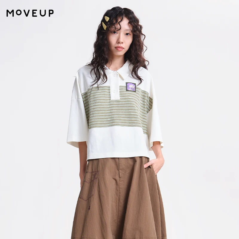

MOVEUP Women's Stripe Panel Polo T-shirt 2026 Spring Cat Woven Label Three-quarter Dropped Sleeve Casual Loose Tees 3ELC10509