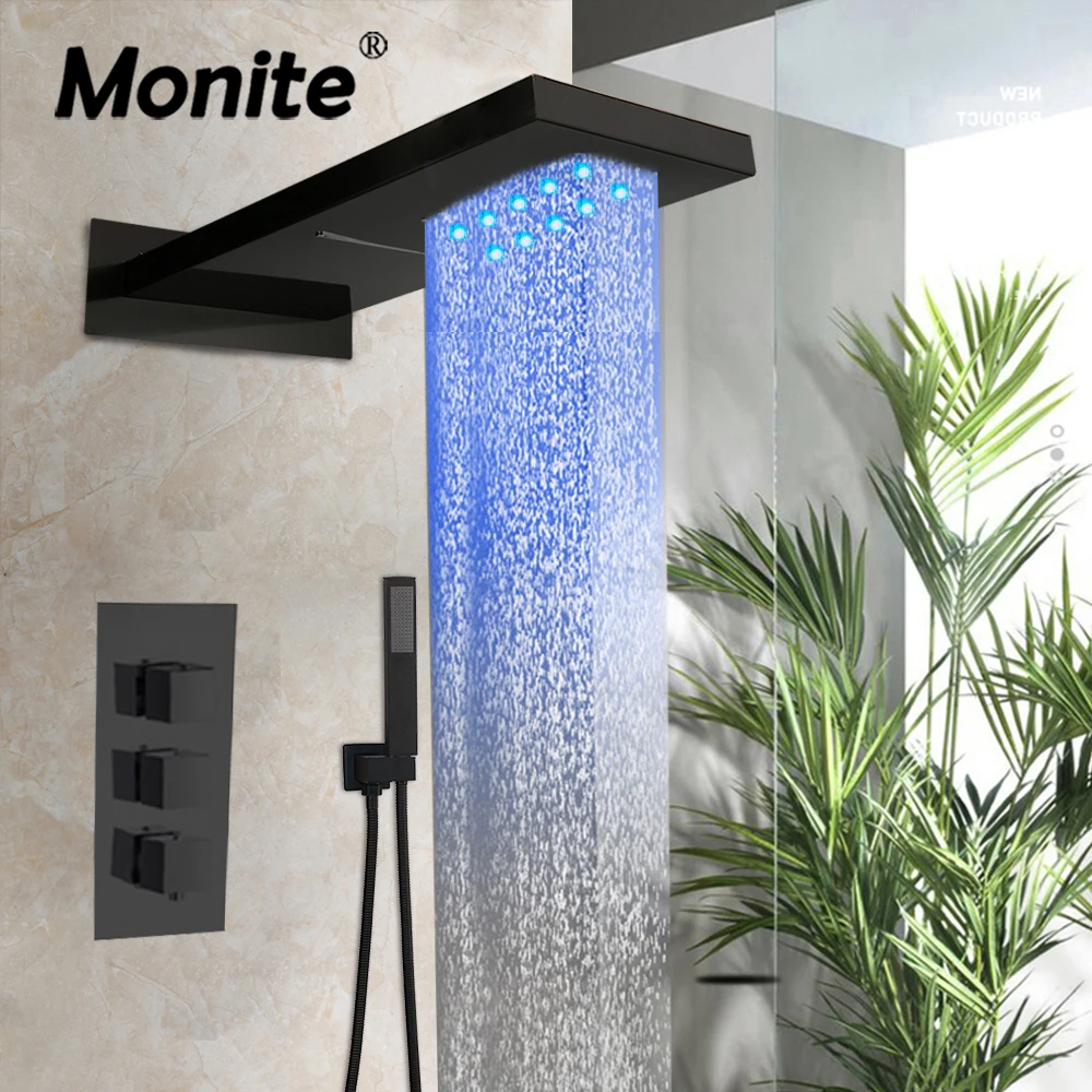 

Monite Matte Black Wall Mounted Bathroom Shower Set Soild Brass Rainfall & Waterfall 3 Ways Chrome Polish Bath Shower Faucet Set