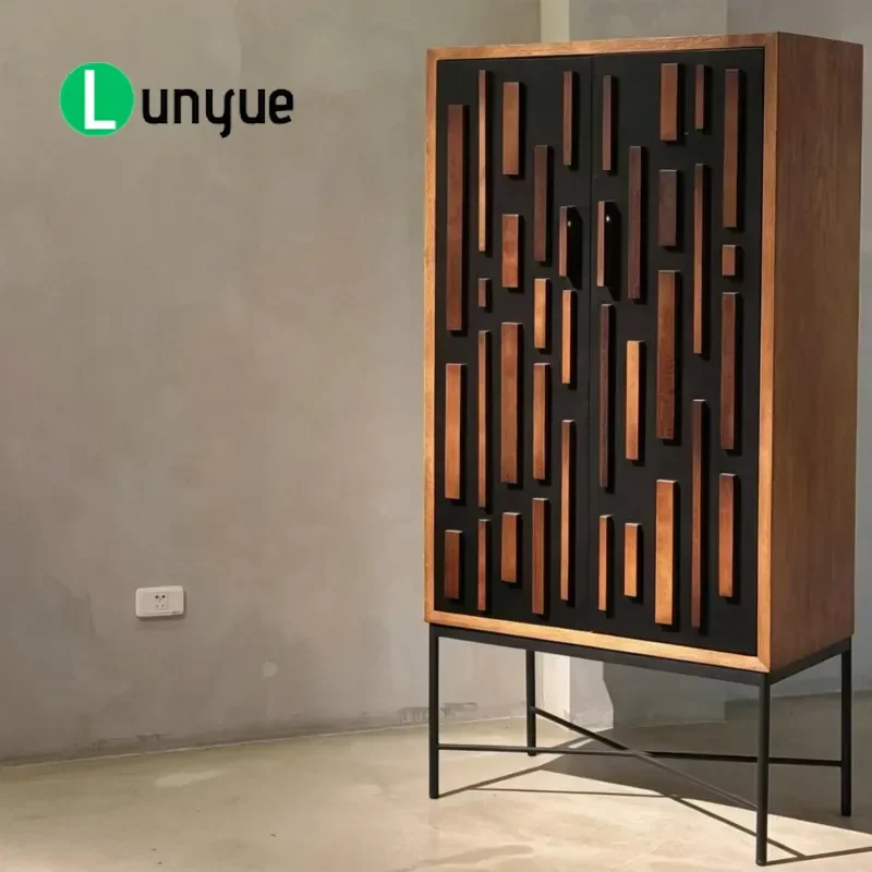 Modern Mid Century Luxury Wooden Storage Buffet Cabinet Engraved Pattern Mirrored Black Metal Frame For Living Dining Room
