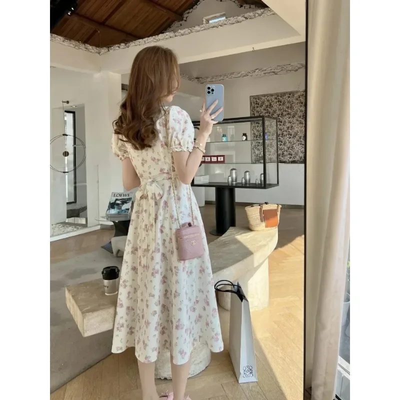 فساتين نسائية قصيرة الأكمام برباط منقوش عليه زهور ومزاج جميل للسيدات Y2k فستان كوري عتيق عالي الخصر من Vestidos 원ipiС