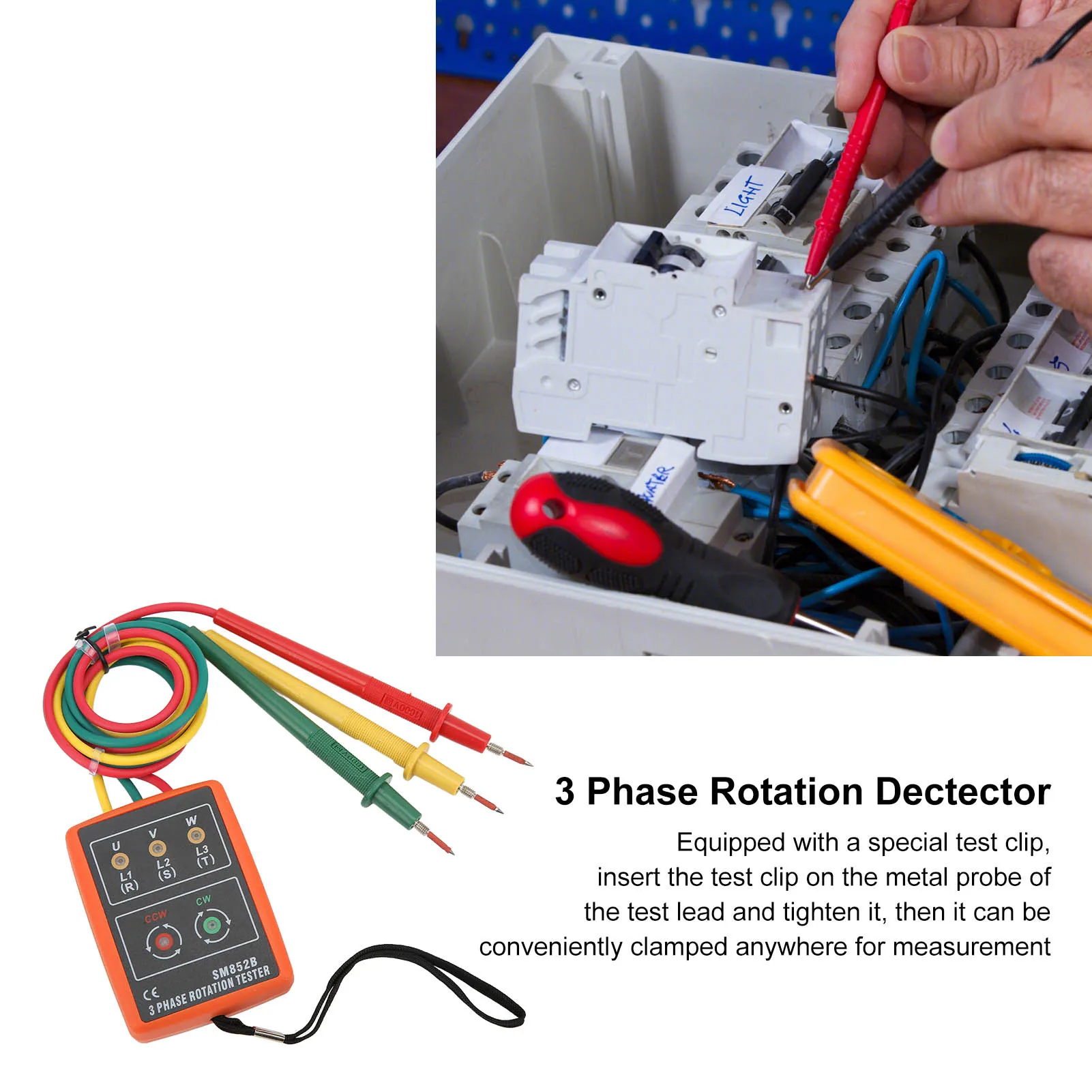 SM852B 3 Phase Rotation Tester Digital 3 Phase Rotation Meter Portable and Wide Range for Electricity Testing AC 60~600V