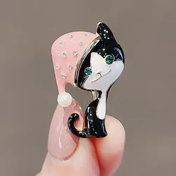 Cute Cats with Pink Cap Enamel Pins For Women Brooches Crystal Animal Brooch Coat Clothing Accessories Jewelry Party Gifts
