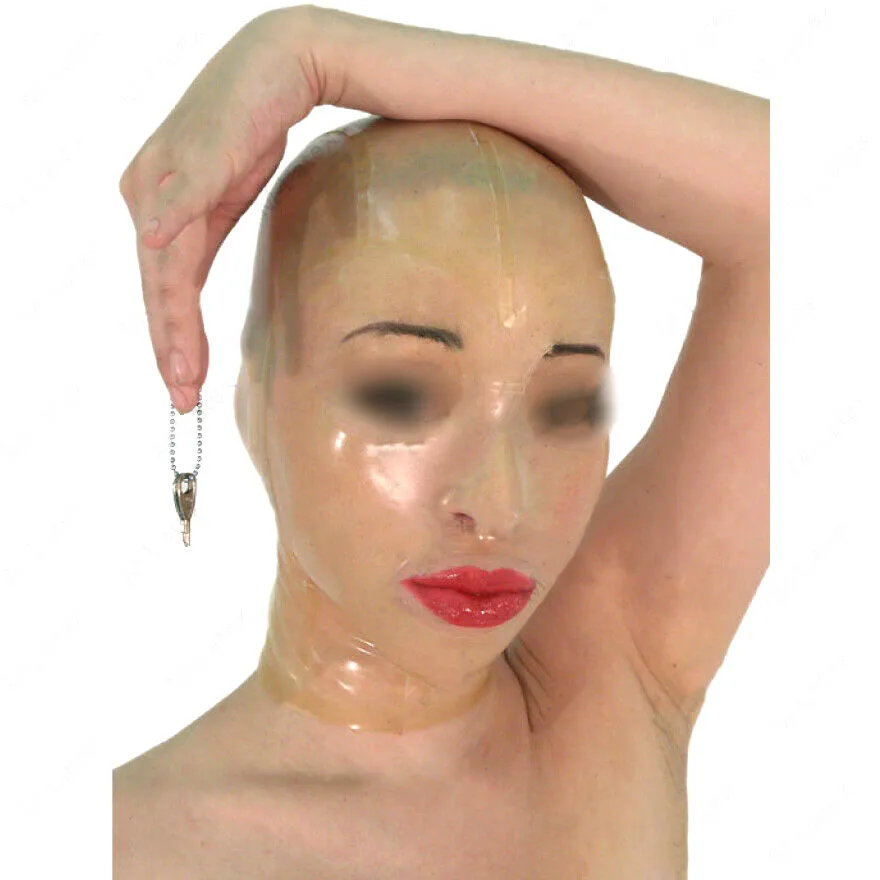 Latex gummi mask hood open eyes mouth nose one lock zip