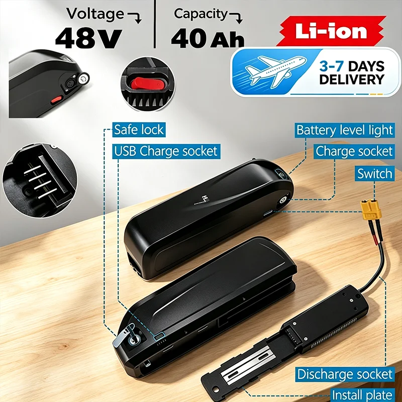 Image of EU-Lager, schneller Versand. 48 V, 40000 mAh, geeignet für Hailong-Akkupacks, Leistung 250 W bis 2000 W, 4-poliger Lithium-Akku für Elektrofahrräder mit Ladegerät, Ersatz-Lithium-Ionen-Akku für