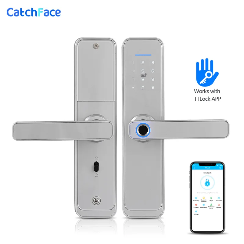 Silver Smart Fingerprint Door Lock Security Electronic Smart Bluetooth Digital APP Keypad Code FRID Card Keyless Lock
