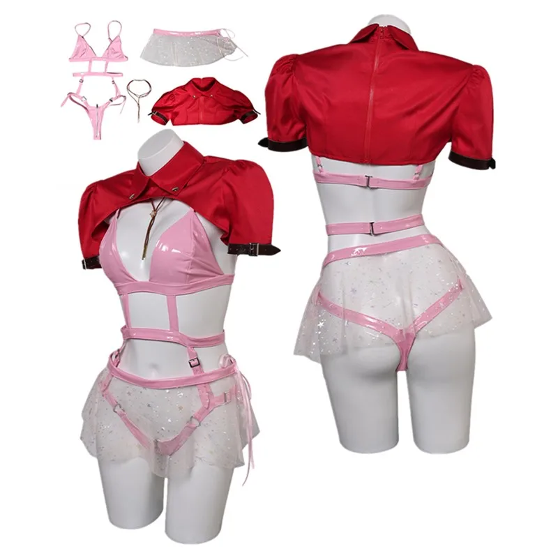 Fantasy Aerith Gainsborough Cosplay Costume Adult Women Lingerie Bikini Swimsuit Necklace Outfits Halloween Carnival Party Suit